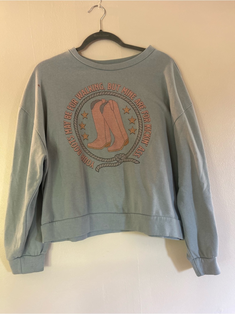 Graphic Crewneck Sweatshirt - Dusty Blue with Pink Boot Graphic